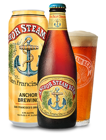 A bottle, glass, and can of Anchor Steam Beer