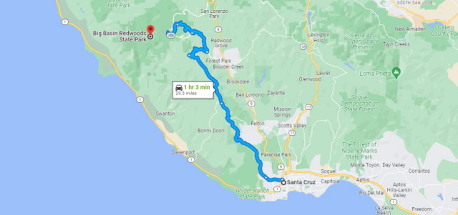 The Route from Santa Cruz to Big Basin Redwoods State Park