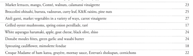 Menu sample at the new Camelia restaurant in Los Angeles