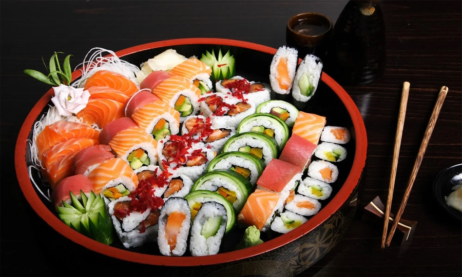 A colorful plate of sushi from the Crystal Fish Japanese restaurant in Pacific Grove