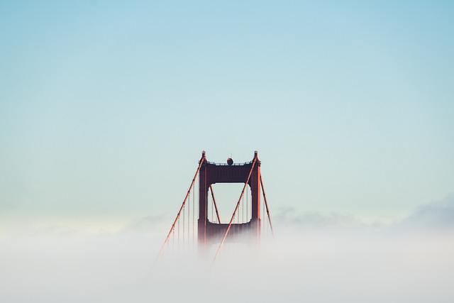 The Golden Gate Bridge in San Francisco almost totally hidden in mist
