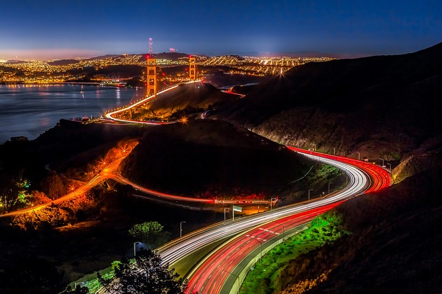 Traffic approaching the Golden Gate Bridge in San Francisco at night
