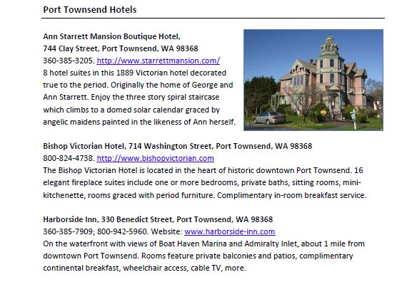 Sample page from the Olympic Peninsula Travel Guide