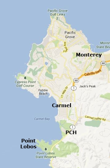 Map showing location of Point Lobos State Reserve near Carmel and Monterey