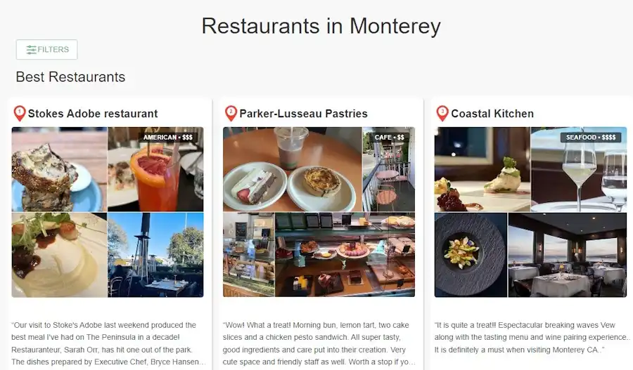 Best Restaurants in Monterey page on the Restaurantji Restaurant Review Website