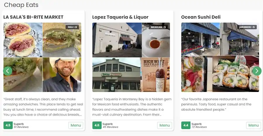 Cheap Eats in Monterey page on the Restaurantji Restaurant Review Website