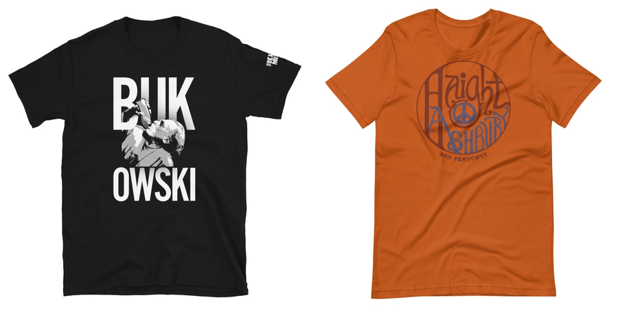 Souvenir t-shirts on sale in the shop of the Beat Museum in San Francisco