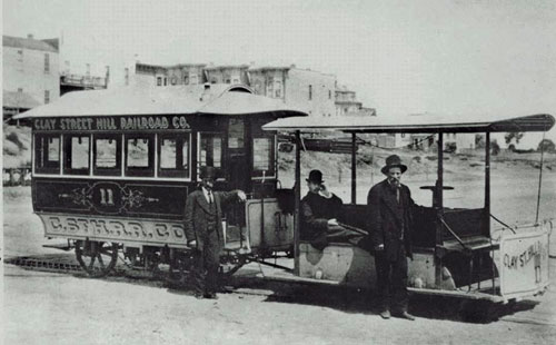 Old black and white photo of a cable car in San Francisco
