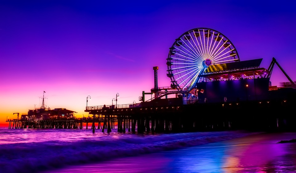 Santa Monica Pier is just off the Pacific Coast Highway in Santa Monica near Los Angeles, with an amusement park, an aquarium and many other attractions.