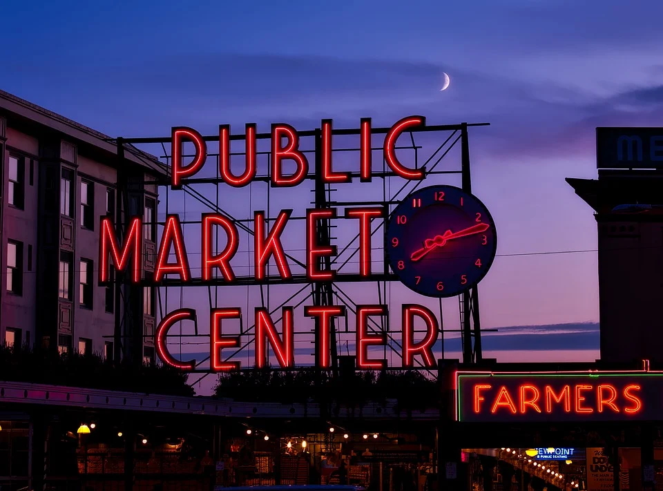 Neon sign for the Public Market Center in Seattle