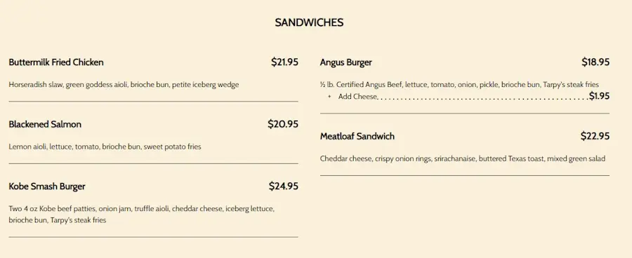 Part of the menu at Tarpy's Roadhouse in Monterey, California