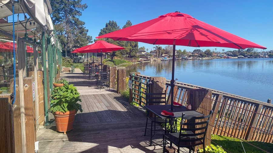 Outdoor terrace overlooking San Diego Bay at the Fish Market restaurant in San Diego