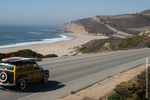 A Woodie on the Road near Santa Cruz, from https://www.pacific-coast-highway-travel.com/Santa-Cruz.html