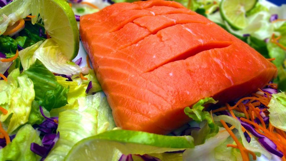 A piece of salmon on a bed of salad
