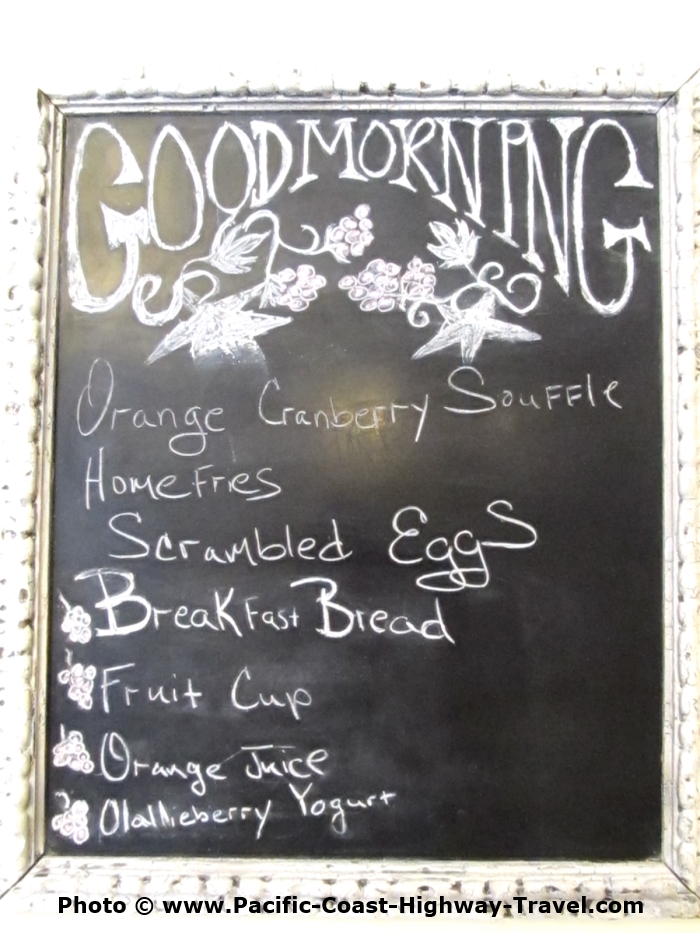 Breakfast menu at this Cambria accommodation, the Olallieberry Inn