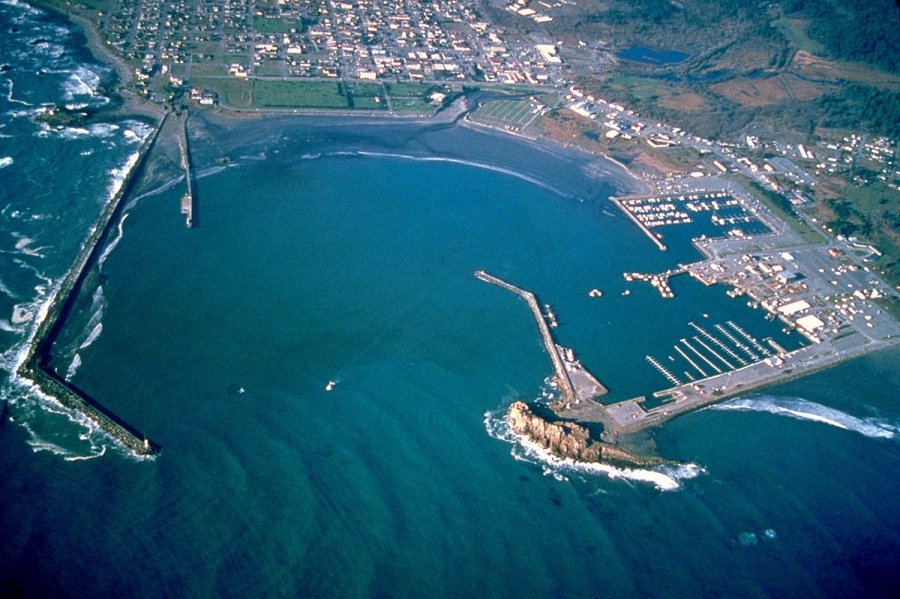 Aerial view of Crescent City and its harbor in northern California