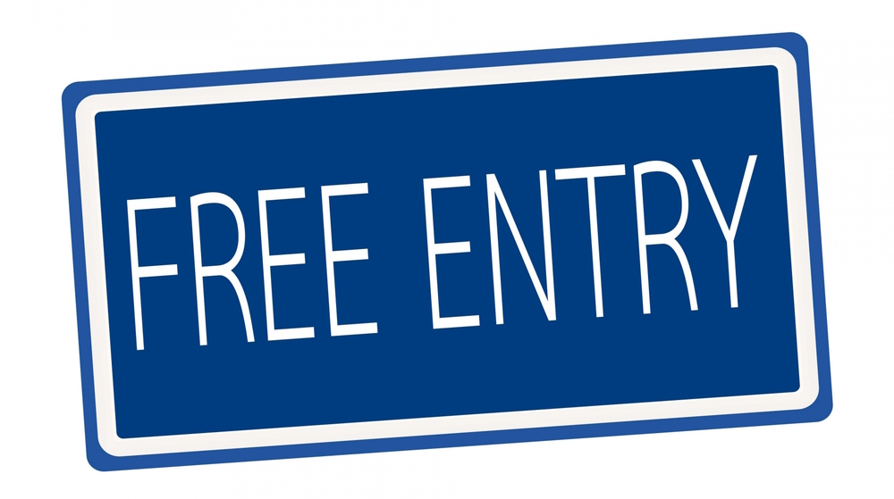 Blue and white sign saying FREE ENTRY