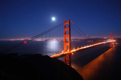 Photo of Golden Gate Bridge in San Francisco at night with full moon