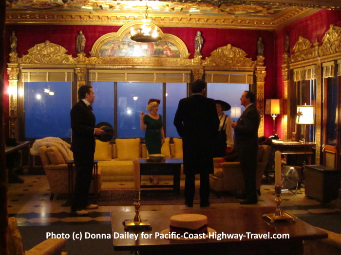 Costumed actors on an evening tour of Hearst Castle in California