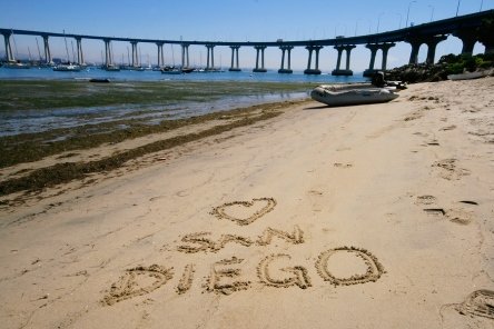 I Heart San Diego written in sand.
