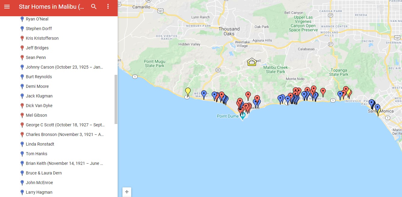 Google map showing celebrity homes in Malibu