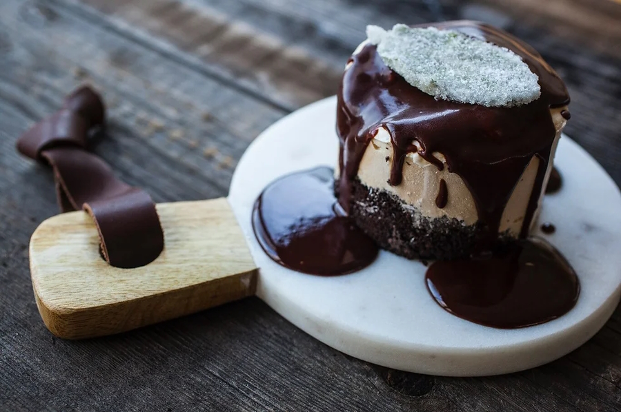A dessert with chocolate sauce at the Passionfish restaurant in Pacific Grove