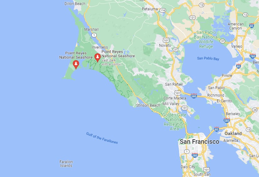 Google Map showing Point Reyes National Seashore