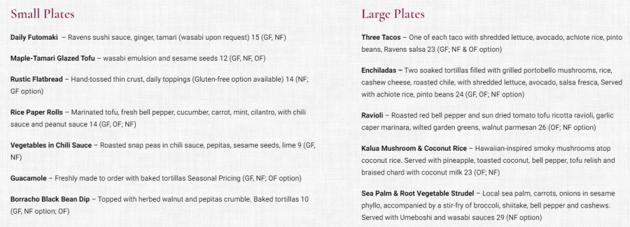Sample dinner menu at Ravens Restaurant at The Stanford Inn by the Sea in Mendocino, California