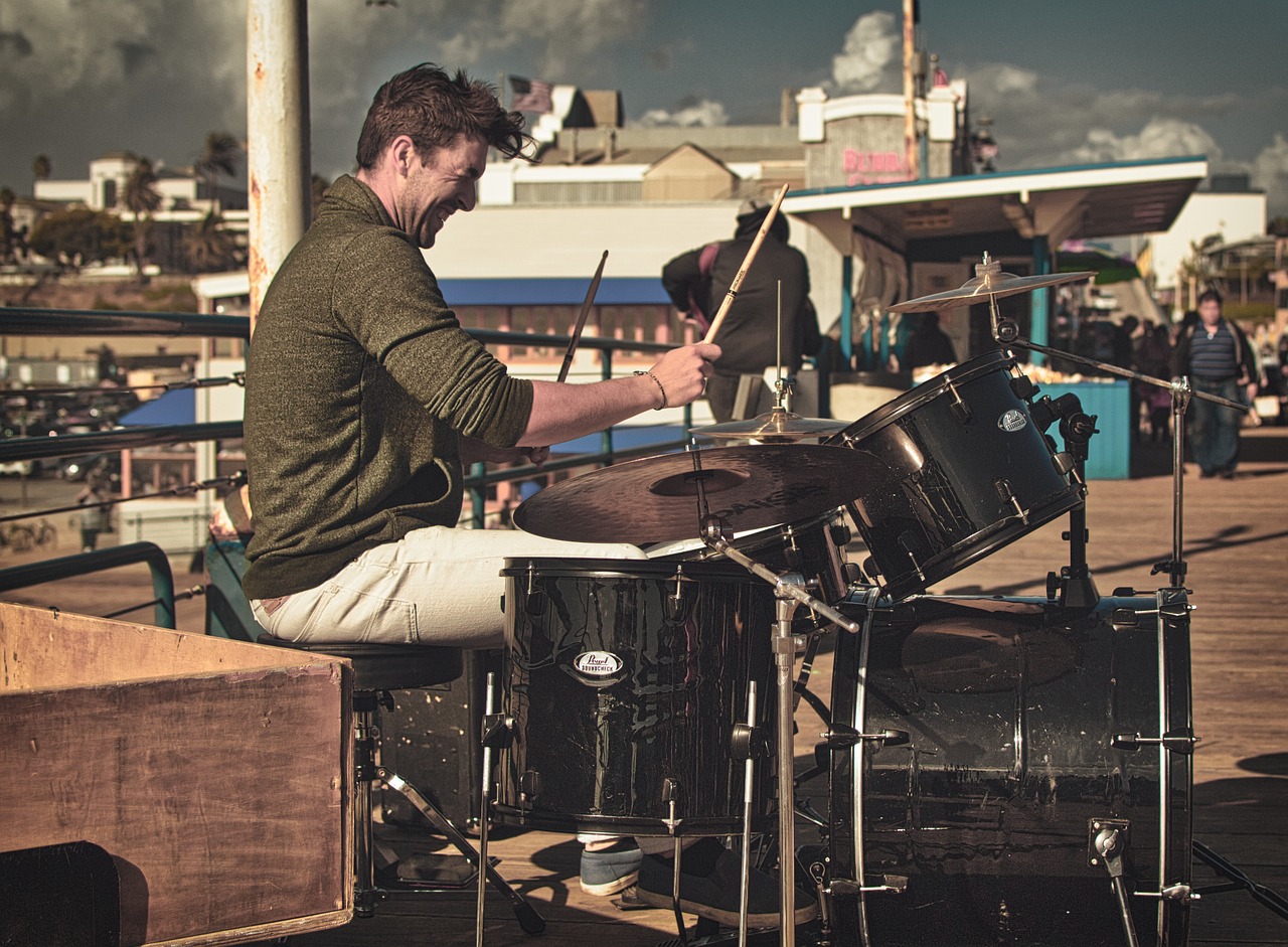 A drummer busking on Santa Monica Pier
